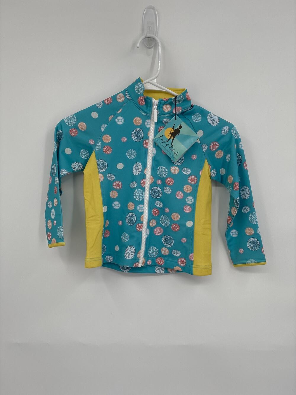 King of Redonda Sand Dollar Teal Blue Yellow Full Zip Rash Guard Size 8 NEW
